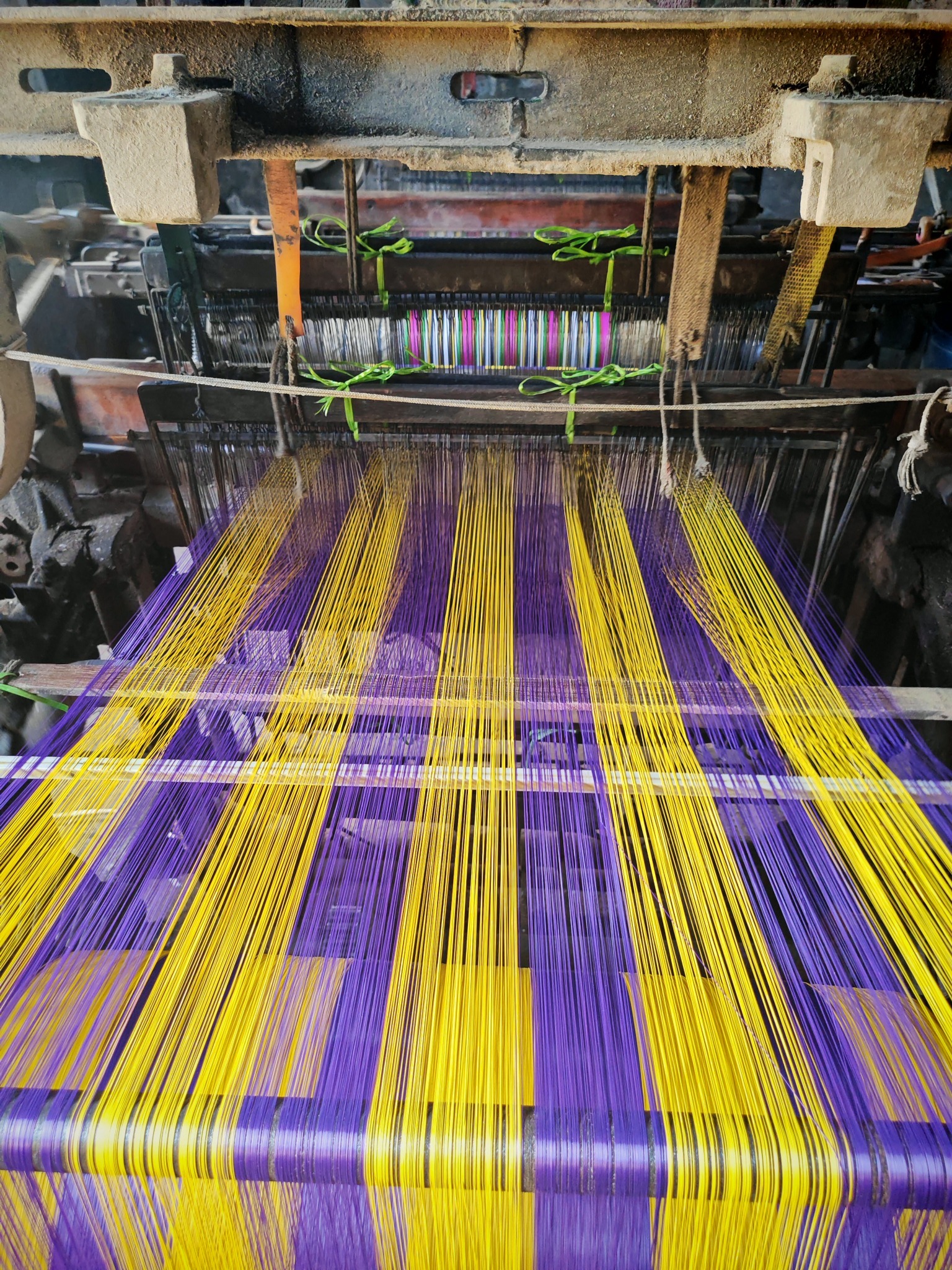 Tela de rayas amarillas y moradas en el telar